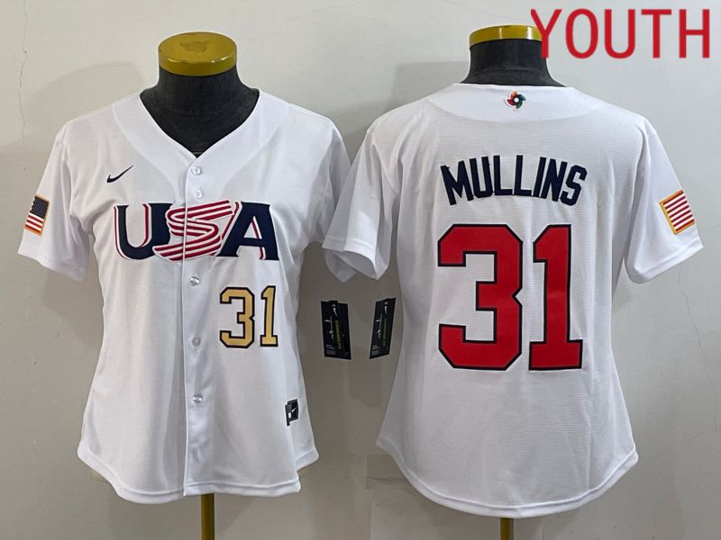 Youth 2023 World Cub USA #31 Mullins White MLB Jersey4